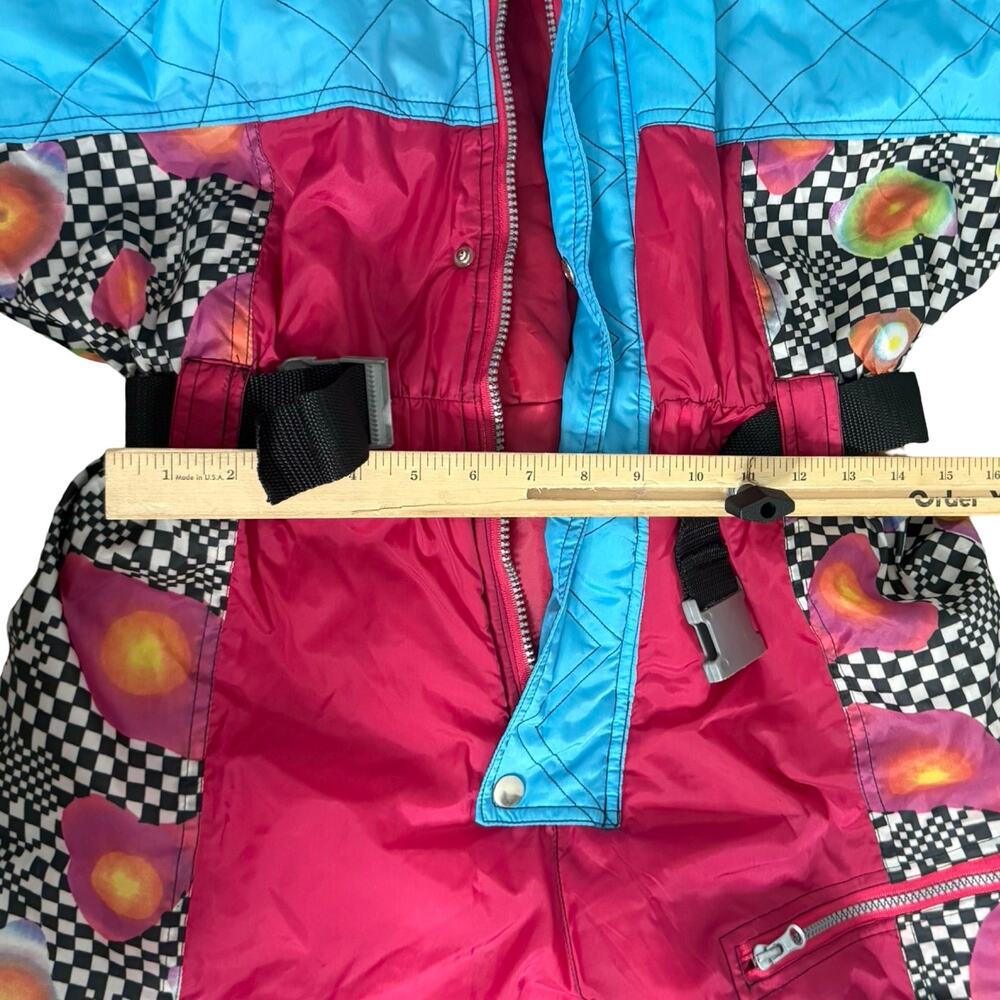 Vintage 90s Blue Pink Checkerboard Hooded Ski Suit One Piece Size S *GOOD* - Picture 7 of 16